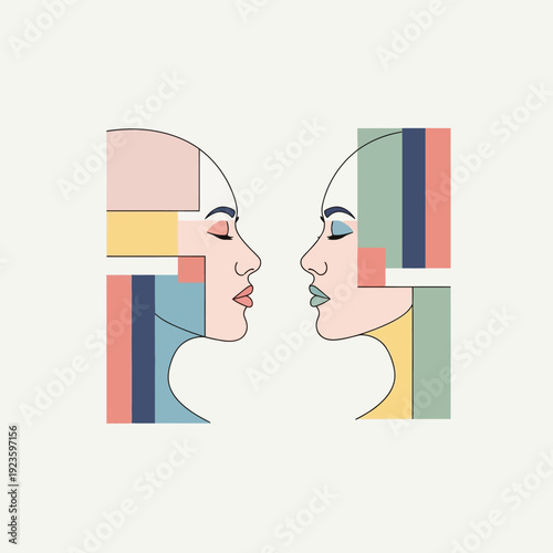 Minimalist and cute, flat vector artwork of two stylized female faces in profile, composed of colorful geometric blocks, symbolizing connection, identity, and modern artistic expression