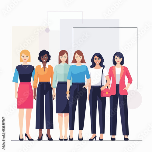 Cute flat vector illustration of a diverse group of women standing together, representing teamwork and unity
