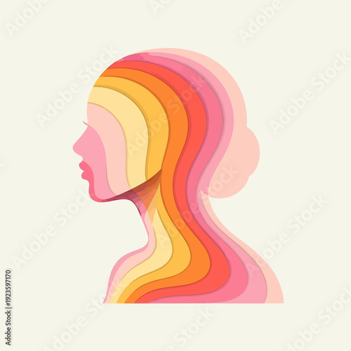A cute flat vector concept illustration of a woman's layered profile, featuring vibrant gradient colors in a modern paper art style, symbolizing depth and mind