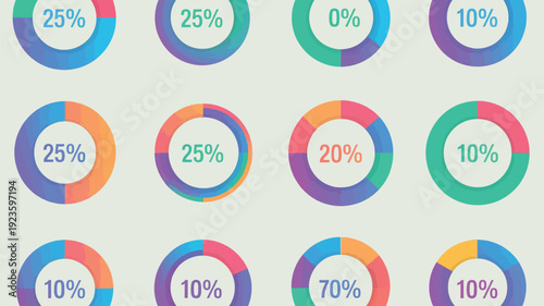 Colorful donut charts displaying various percentages and proportional data visualization