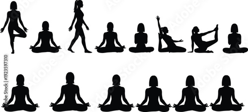 Silhouette yoga poses collection of women meditating, exercising, stretching, relaxing, practicing balance and mindfulness in various seated and standing postures.