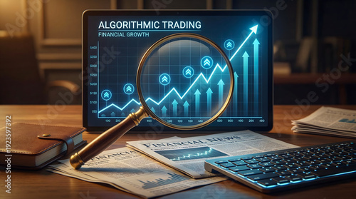 Desktop workspace displaying algorithmic trading analytics on a tablet with a magnifying glass highlighting an upward financial growth chart