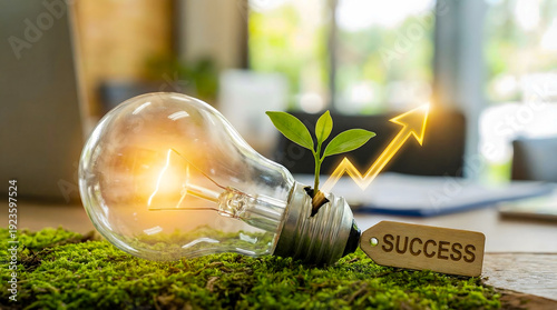 A glowing lightbulb lies on moss with a young plant sprouting and an upward arrow beside a success tag, image for sustainable innovation