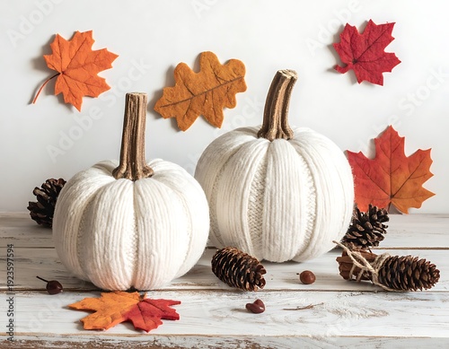 Two white yarn pumpkins amidst faux fall leaves and pinecones on weathered white wood surface; autumn home decor arrangement
