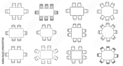 Various table and chair arrangements for dining or meeting spaces, top view.