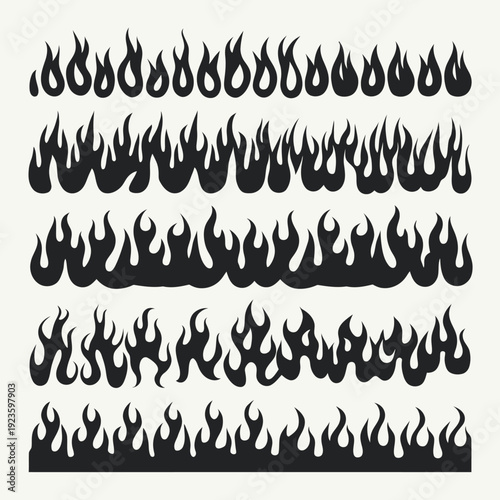Set of black flame borders, fire patterns, vector illustration
