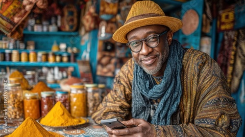 Smiling African Man in Vibrant Spice Market generated by AI