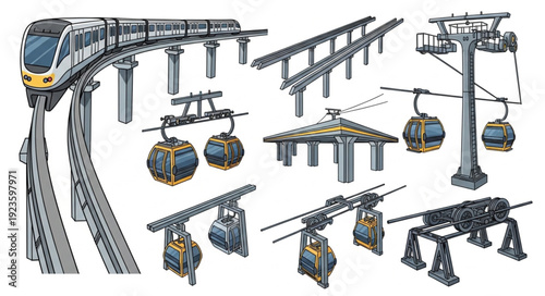 Various transportation systems including monorail and cable car infrastructure.