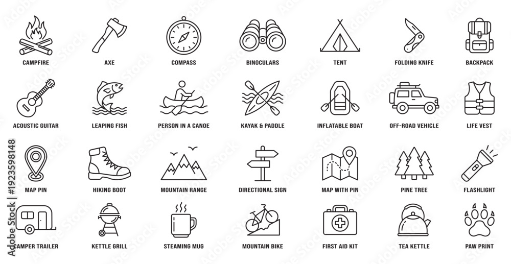 Fototapeta premium Camping equipment collection icon set for outdoor adventure and travel activities in line style