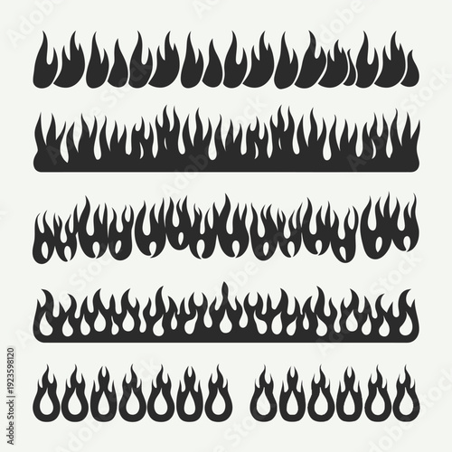 Set of black flame borders and fire silhouettes design elements