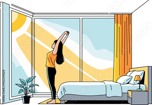 Woman Doing Morning Stretch Near Window Isolated Transparent Background Flat 2D Vector