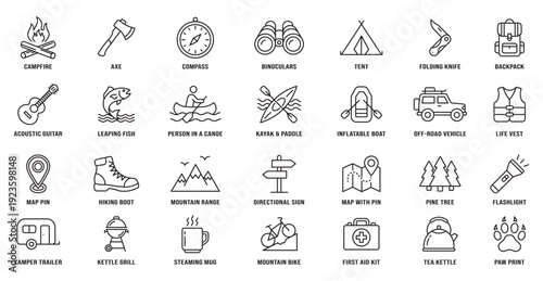 Camping equipment collection icon set for outdoor adventure and travel activities in line style