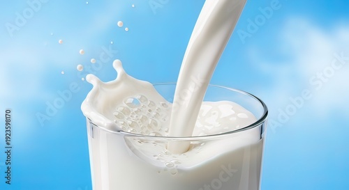 Milk Pouring into Glass on Blue Background.
