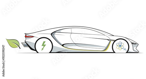 Electric Car Illustration with Green Leaves.