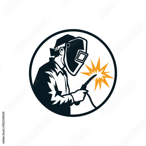 Welder with welding torch and sparks in circular logo design