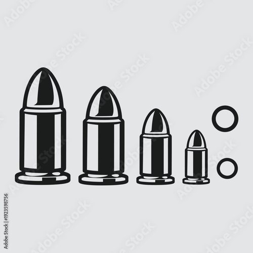 Set of four bullets of different sizes and two rings, vector icon