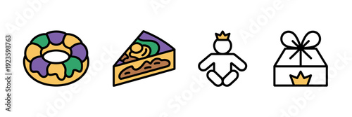 King cake variations vector icons with baby figurine – Ideal for bakery branding, Mardi Gras blogs, or food packaging.