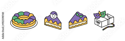 Mardi Gras king cake slice and whole cake icons – Perfect for culinary education, local tourism, or holiday recipes.