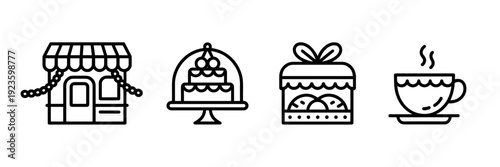 Thin line icons of Mardi Gras bakery and coffee cup – Suitable for lifestyle magazines, food blogs, or hospitality design.