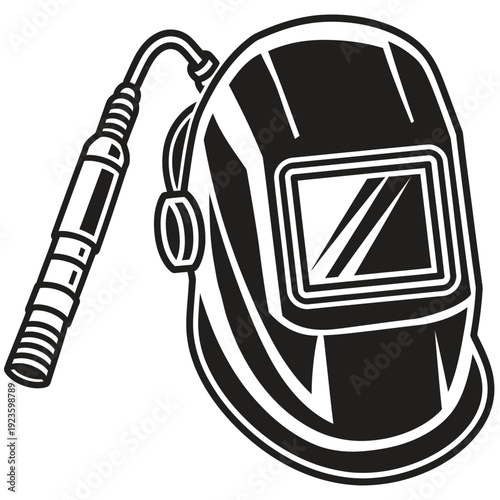 Welding helmet and torch icon vector graphic black and white