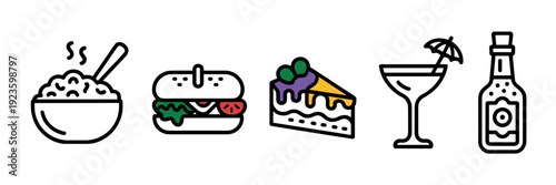 Vector outline of Mardi Gras food and hurricane glass – Perfect for festival programs, dining apps, or recipe books.