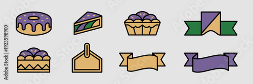 Mardi Gras bakery branding icon sheet – Perfect for bakery logos, carnival menus, or pastry shop marketing.