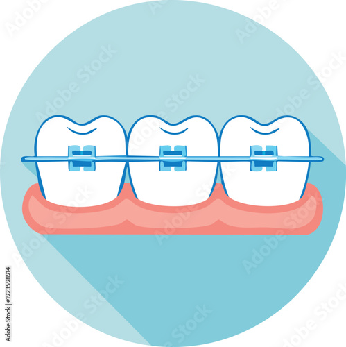 Braces icon, orthodontic brackets and wire on teeth, light blue stroke, flat vector illustra 