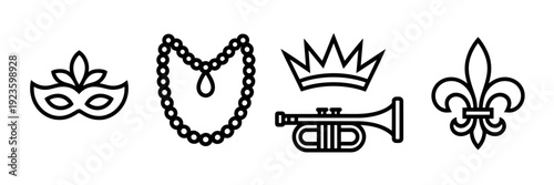 Line art Mardi Gras celebration symbols – Perfect for festival posters, cultural education materials, or app interfaces.