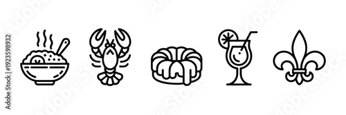 Mardi Gras gourmet cuisine outline icons – Perfect for fine dining menus, New Orleans travel content, or recipe books.