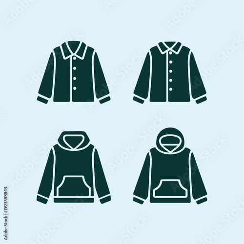 Set of four outerwear icons two jackets and two hoodies, minimalist design