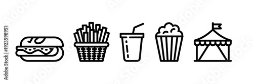 Mardi Gras street food festival icon set – Perfect for food truck menus, festival maps, or culinary blog graphics.