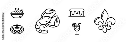 New Orleans food collection vector icons – Ideal for seafood restaurant branding, cultural festivals, or culinary icons.