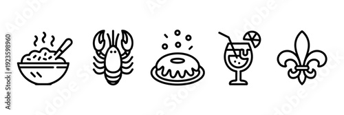 Minimalist jambalaya and crawfish icon sheet – Suitable for Southern cooking blogs, restaurant logos, or event flyers.