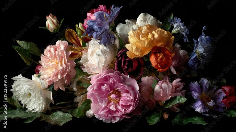Obraz premium Elegant floral still life with colorful peonies and spring flowers on black background