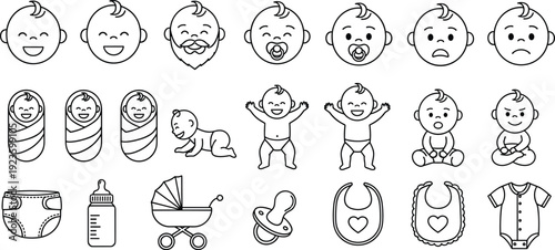 Cute baby icon collection showing expressions, newborn poses, crawling, diapers, bottles, stroller, pacifier and bib illustrations for childcare and parenting graphics