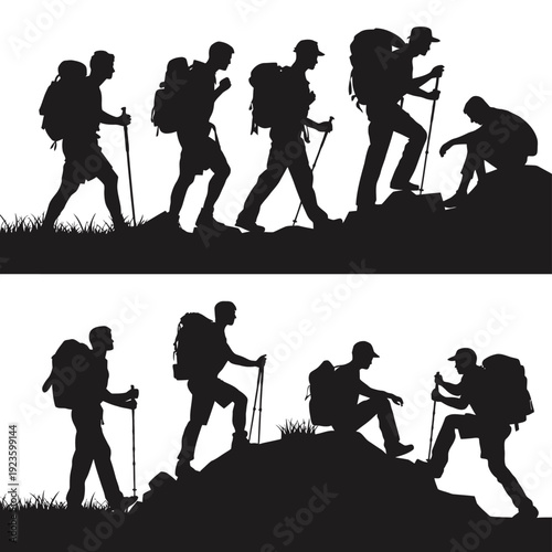 
Family hiking up rocky mountain trekking adventure vecto