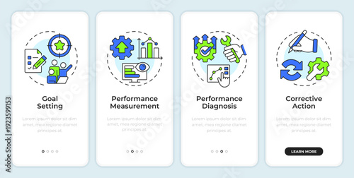 Marketing control loop onboarding mobile app screen. Performance tracking. Walkthrough 4 steps editable graphic instructions with linear concepts. UI, UX, GUI. Montserrat SemiBold, Regular fonts used