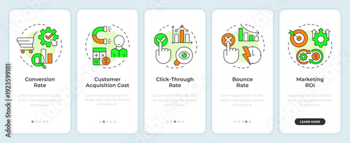 Marketing performance metrics onboarding mobile app screen. Walkthrough 5 steps editable graphic instructions with linear concepts. UI, UX, GUI. Montserrat SemiBold, Regular fonts used