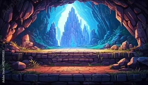  pixel art retro game level, Crystal Cavern, 8 bit 2d video game background, undergrou