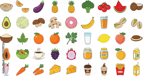 Healthy Food and Fruit Collection with Fresh Vegetables, Drinks, Honey, Cheese, and Snacks for Nutrition and Organic Lifestyle