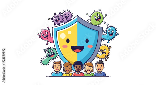 Cartoon illustration of diverse children standing behind a smiling shield with germs around it on a white background with vibrant colors.