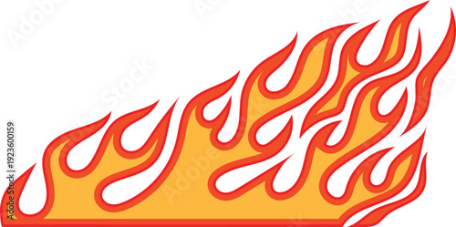 Fire flame vector illustration. Racing car fire stickers, hot speed symbols. Abstract flame shapes, orange and yellow fire elements set for design. Tattoo and logo fire style graphics.