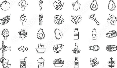 Healthy Food Line Icon Collection with Vegetables, Seafood, Fruits, Drinks, and Organic Nutrition Symbols for Diet, Restaurant, and Grocery