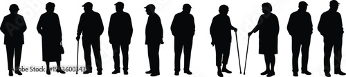 Silhouettes of elderly men and women standing, some with walking canes, senior citizens group, isolated black figures on white background