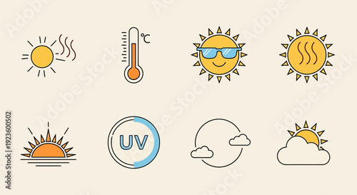 Vector set of sun and weather icons illustrating diverse conditions heat, temperature, UV, sunrise, and clouds for climate forecasts
