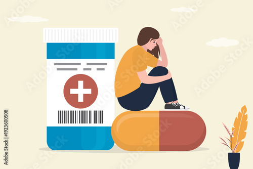 Unhappy girl sitting on giant pill. Drugs dependence. Antidepressants or medication addiction. Medical debt, health care and treatment cost from disease.