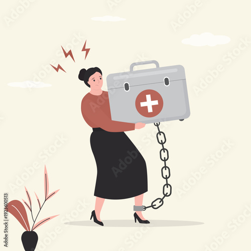 Drugs or antidepressants addiction. Medical debt, health care and treatment cost from disease. Woman carrying giant medicine box with drugs burden. Sick girl chained to medical support