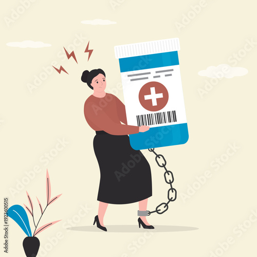 Drugs or antidepressants addiction. Medical debt, health care and treatment cost from disease. Hospital expense medicine bills, woman carrying giant medicine debt burden.