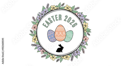 Easter 2026 vector illustration showcasing a vibrant floral wreath, decorated eggs, and a cute bunny, perfect for spring holiday designs and greetings