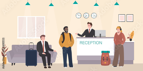 Hotel lobby and reception. Lounge and information desk in hostel, multi ethnic tourists with luggage. Hotel reception interior with furniture. Travel check-in, hospitality.